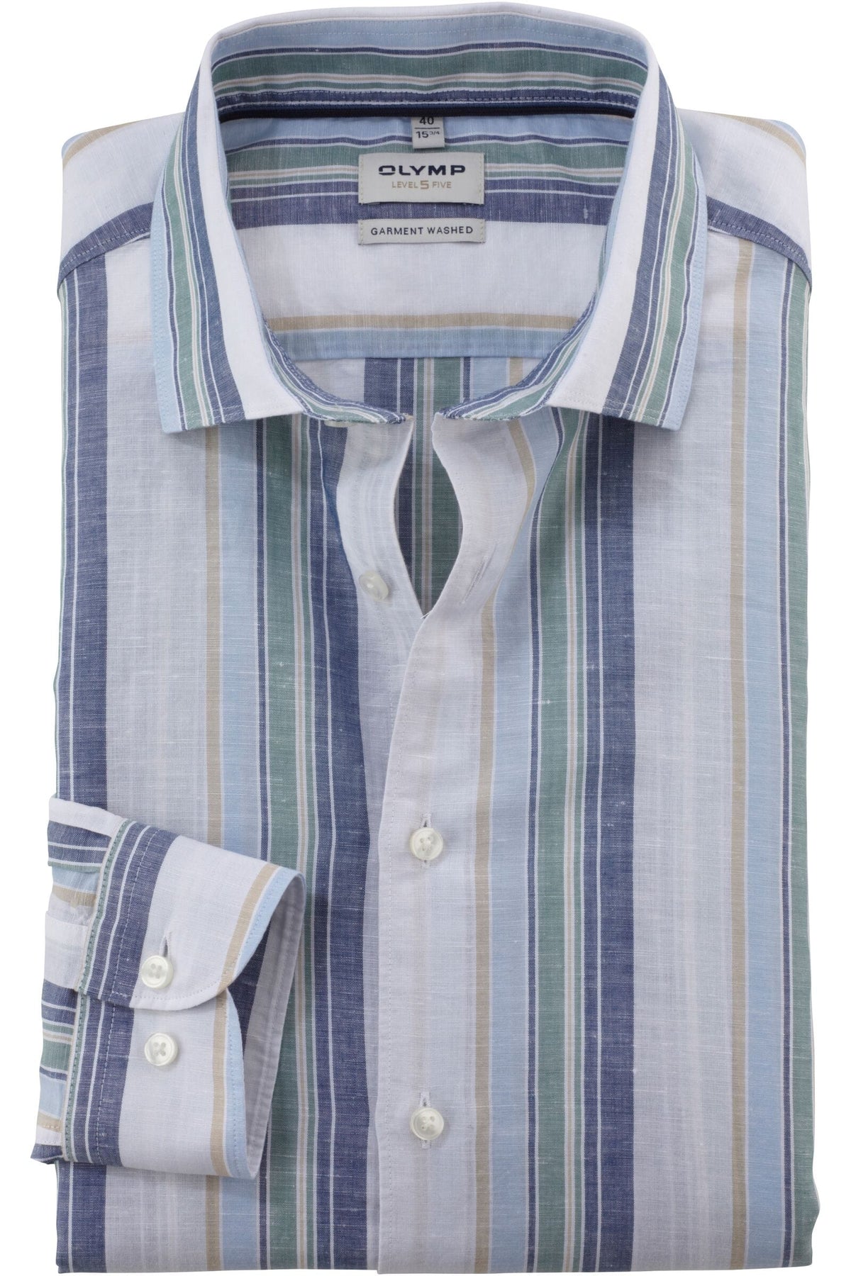 OLYMP Level Five Garment Washed Body Fit Leinenhemd grün, Gestreift