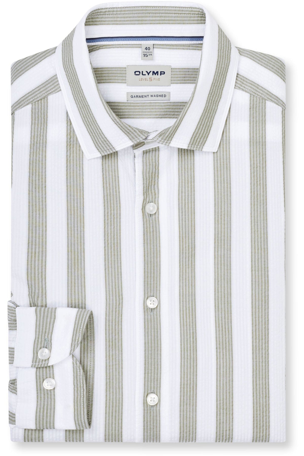 OLYMP Level Five Garment Washed Body Fit Hemd oliv, Gestreift