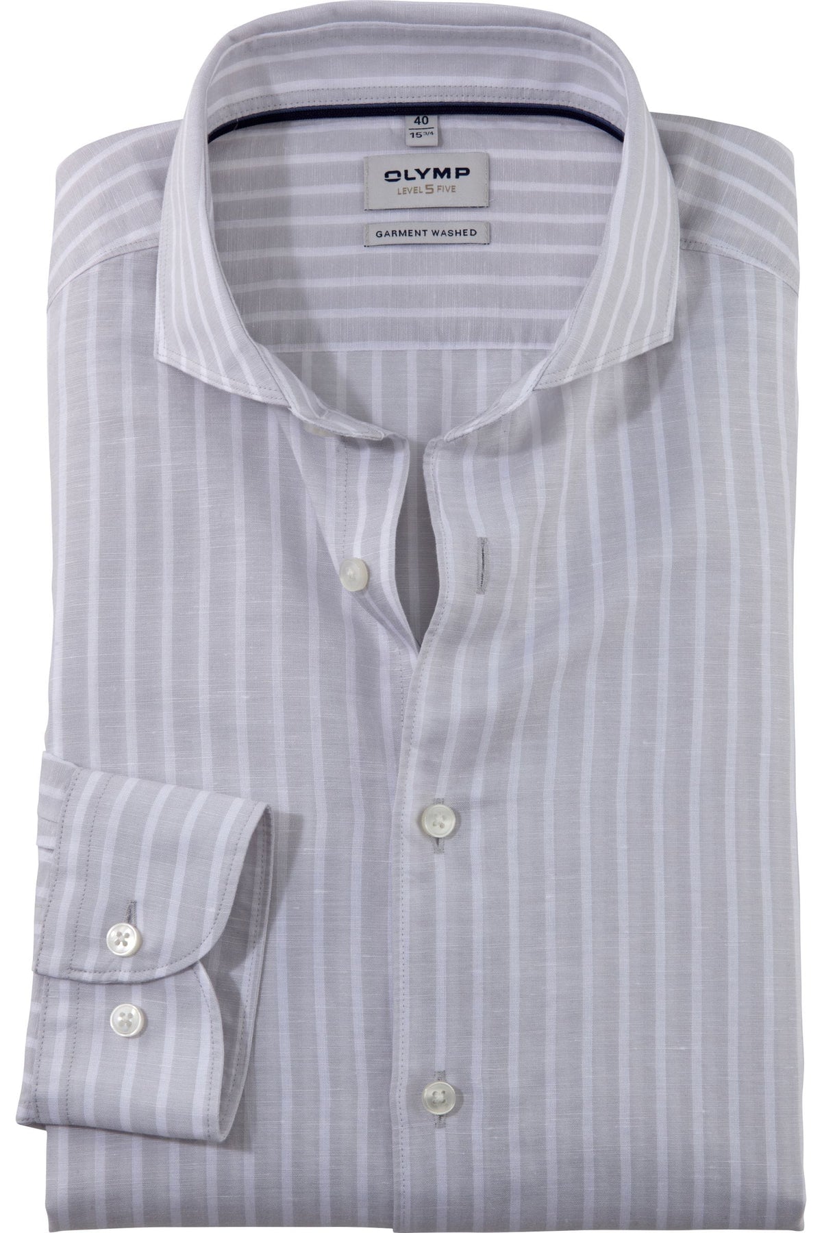 OLYMP Level Five Garment Washed Body Fit Leinenhemd silbergrau, Gestreift