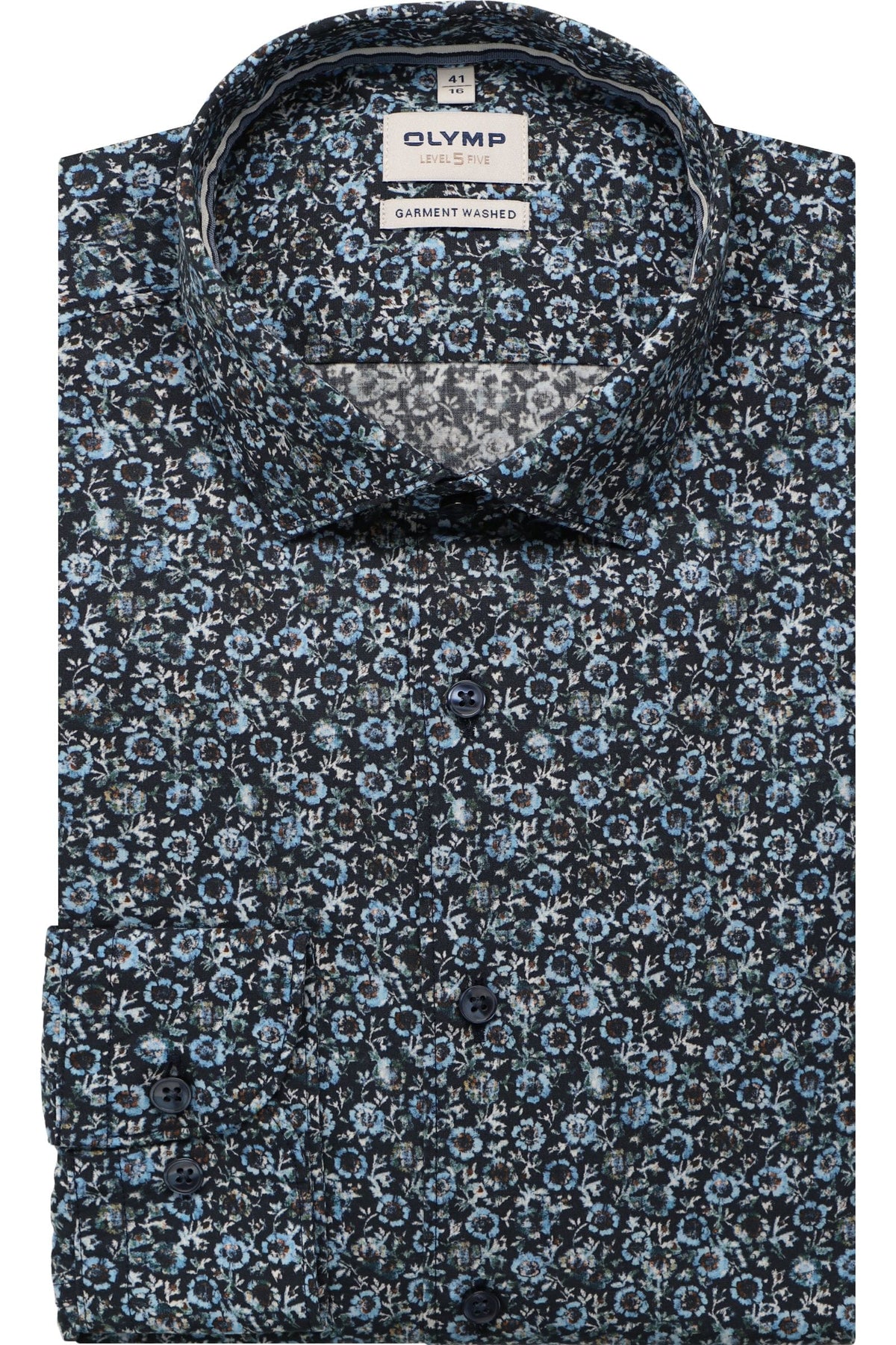 OLYMP Level Five Garment Washed Body Fit Hemd marine, Bedruckt