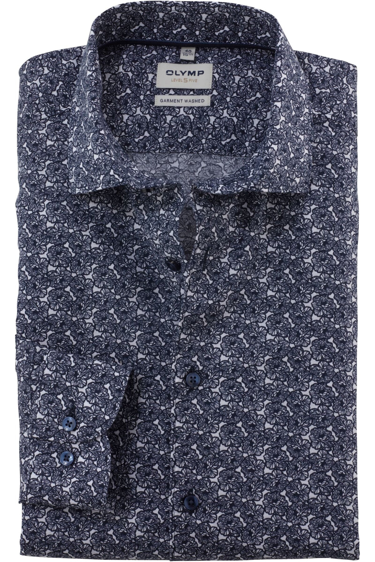 OLYMP Level Five Garment Washed Body Fit Leinenhemd marine, Bedruckt